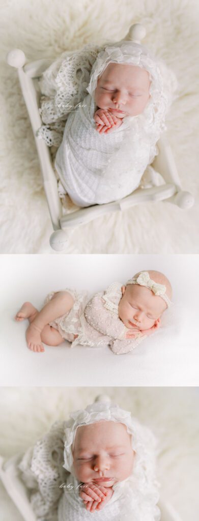 cutest newborn baby girl in white wrap and bonnet. custom antique baby bed and custom outfit for newborn baby girl
